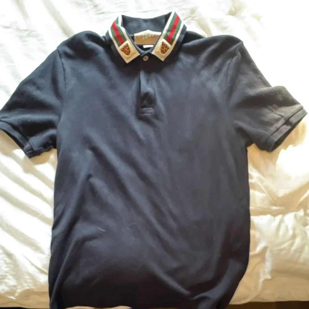 Gucci Men's Navy Cotton Short Sleeve Polo Web Stripe Tiger Collar Logo M